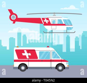 White and red ambulance helicopter and car, medical services concept, transport, vector illustration Stock Vector