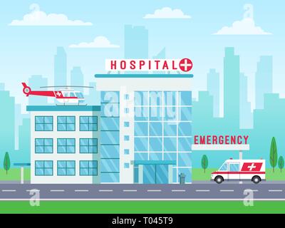 Hospital building with ambulance helicopter on roof and car standing on road, medical services, clinic building with big windows, vector illustration Stock Vector