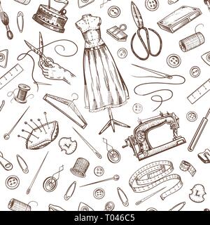 Sewing Seamless pattern. Tools and elements or materials for needlework. Tailor shop for badges labels. Thread and needle, mannequin. Engraved hand Stock Vector