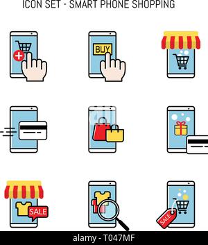 Mobile shopping, Smart phone merchant online, web buyer, Flat lay icon collection design for web design Stock Vector