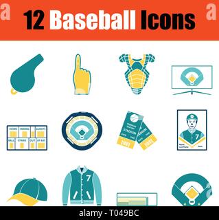 Baseball icon set. Stencil in Blue and yellow tone design. Vector illustration. Stock Vector
