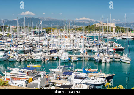Antibes, France, September 11, 2018: View on Port Vauban in the French town of Antibes with Fort Carre in the background Stock Photo