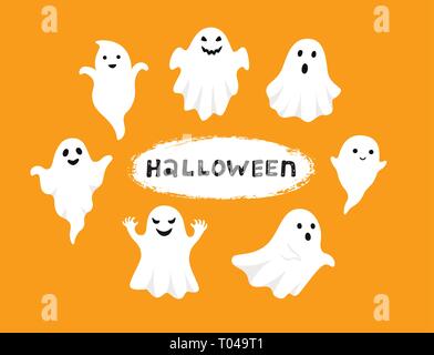 Happy Halloween, Ghost, Scary white ghosts. Cute cartoon spooky character. Smiling face, hands. Orange background Greeting card. Stock Vector