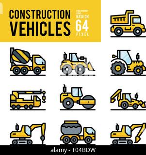 Construction Vehicle and Transport Outline Color Icons. Pixel Perfect Icon Base on 64px. Stock Vector