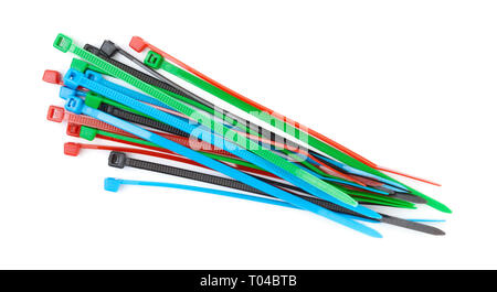 Colored plastic cable ties. Plastic clamps on a white background Stock Photo