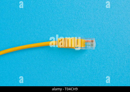 yellow Ethernet cable on blue background Stock Photo