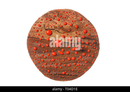 Beautiful drops of red paint on a wooden frame made of wood. Isolated on white background. Top view Stock Photo