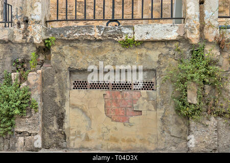 Very Old Building Facade With Damaged Finish, Background Texture. Stock Photo
