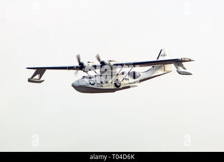 A Consolidated PBY-5A landing at Duxford airfield Stock Photo