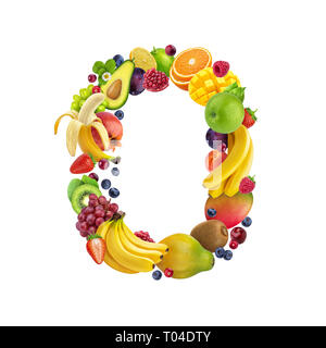 Letter O made of different fruits and berries, fruit alphabet isolated on white background Stock Photo