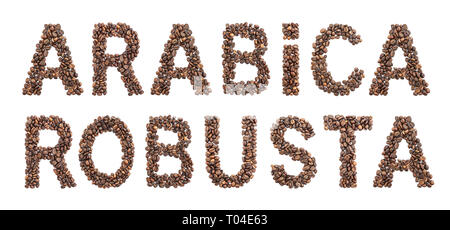 Arabica and Robusta words made from roasted coffee beans isolated on white background Stock Photo