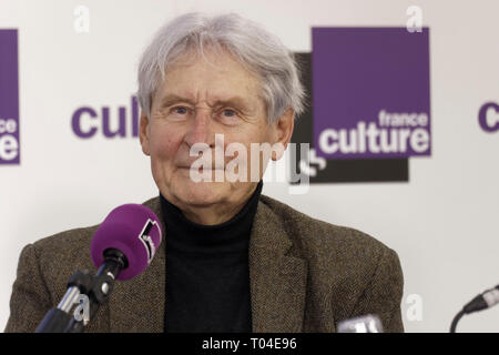 Paris, France. 14 th March, 2019. Jacques Darras, poet and translator on the France Culture channel of the Paris Book at the Inauguration of the Paris Stock Photo