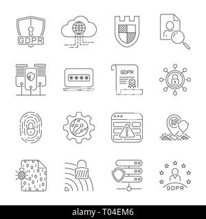 Data protection and cyber security thin line icons set. Cyber security, data and network protection. Protection technology, web services for business Stock Vector