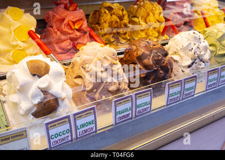 Gelato, a poplular Italian dessert offered at many locations in Florence, Tuscany, Italy. Stock Photo