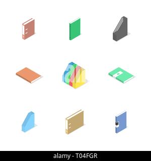 Set of different cardboard file folders isolated on white background. Flat 3d isometric style, vector illustration. Stock Vector