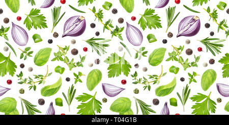 Different spices and herbs seamless pattern isolated on white background, top view Stock Photo