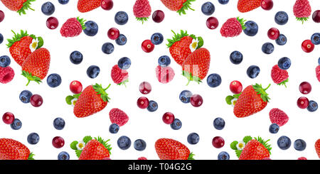 Seamless pattern of flying berries isolated on white background with clipping path, different falling wild berry fruits Stock Photo