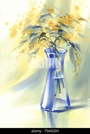 Summer flowers in the blue glass bottle. Watercolor Stock Photo