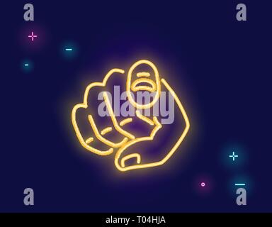 We want you human hand with the finger pointing or gesturing towards you in neon light style isolated on dark purple background. Bright vector neon il Stock Vector