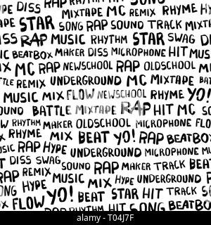 Seamless pattern with words on the rapper theme. Words rap, music, beat, battle, hit, underground, mix and others. Hand drawn illustration Stock Vector