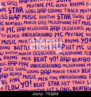 Seamless pattern with words on the rapper theme. Words rap, music, beat, battle, hit, underground, mix and others. Hand drawn illustration Stock Vector