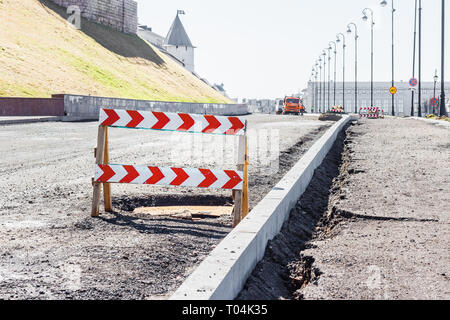 Road closed sign before the road construction near the Kazan Kremlin in Russia Stock Photo