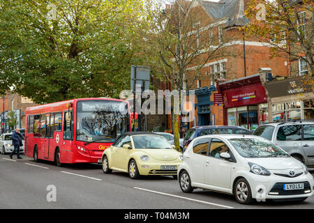 Traffic on High Street, Chislehurst, Kent Stock Photo