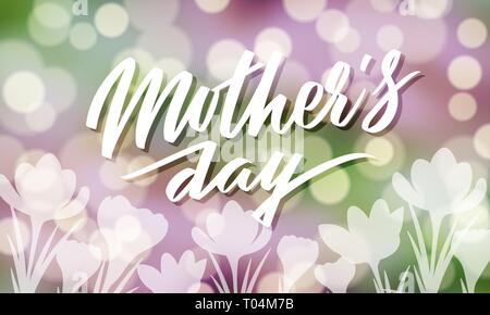 Mothers day typography on bokeh background with crocus flowers vector illustration. Hand-lettering in purple and green colors. For banner, flyer, post Stock Vector