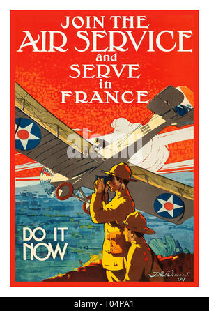 WWI JOIN THE AIR SERVICE AND SERVE IN FRANCE by Verrees 1917 At the start of the Great War, the airplane was only ten years old, and the U.S. military ranked 16th in the world, just behind Portugal. By July of 1917, General John J. Pershing requested a force of one million men. To appeal to potential recruits, a propaganda campaign was crafted by the Committee on Public Information that included recruiting posters by some of America’s top illustrators. Themes of honour, patriotism, adventure, education, and heroism themed these recruitment call-to-action posters. Stock Photo