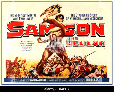 Original vintage movie poster for the UK re-release of Samson and Delilah, a 1949 American romantic biblical drama film produced and directed by Cecil B. DeMille and released by Paramount Pictures. It depicts the biblical story of Samson, a strongman whose secret lies in his uncut hair, and his love for Delilah, the woman who seduces him, discovers his secret, and then betrays him to the Philistines. It stars Hedy Lamarr and Victor Mature in the title roles, George Sanders as the Saran, Angela Lansbury as Semadar, and Henry Wilcoxon as Ahtur. Praised for its Technicolor cinematography