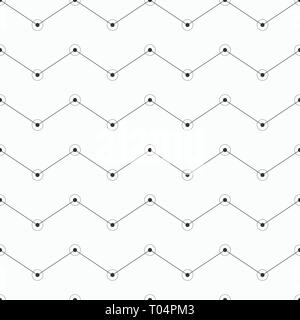 Vector seamless pattern. Geometric background of zigzag lines with dots in nodes. Circles in the corners. Modern stylish texture. Stock Vector