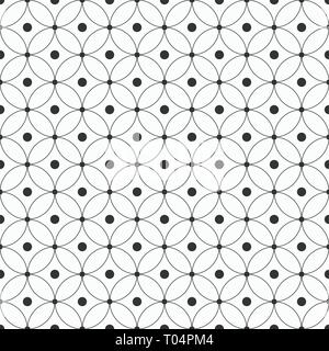 Abstract seamless pattern of overlapping circles. Linear grid with dots in nodes and circles. Modern stylish texture. Repeating geometric tiles. Stock Vector