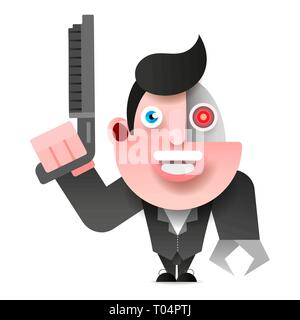 Cyborg In Leather Jacket With Shotgun Vector Illustration On White Background Stock Vector
