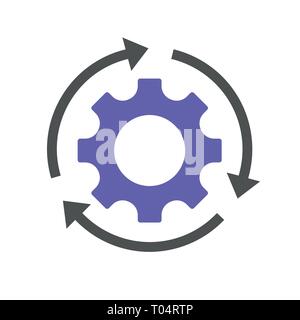 Gear and three arrows icon isolated on white. Vector flat illustration for technology or innovation. Technology pictogram. Gear Integration Stock Vector