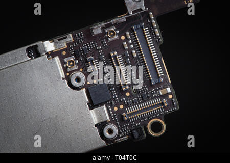 Smart phone components, circuit board of mobile cellphone, pcb, connectors. Stock Photo