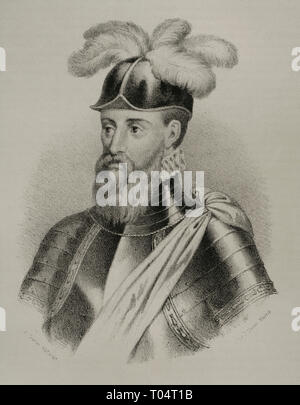 Francisco Pizarro (1478-1541). Spanish conqueror of the Inca empire. Lithography. Drawing by Jose Cebrian (1839-1904). Cronica General de España, Historia Ilustrada y Descriptiva de sus Provincias. Extremadura, 1870. Stock Photo