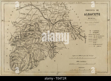 Map of the province of Albacete, which belonged at that time to the region of Murcia. Castilla-La Mancha, Spain. Cronica General de España, Historia Ilustrada y Descriptiva de sus Provincias. Murcia, 1870. Stock Photo