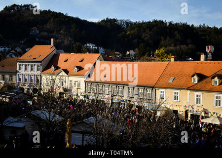 Samobor, Croatia - March 03 2019: Festive carnival on main square in Samobor, Croatia, crowded streets Stock Photo