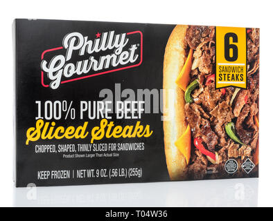 Winneconne, WI - 14 March 2019: A package of Philly Gourment sliced steaks on an isolated background Stock Photo