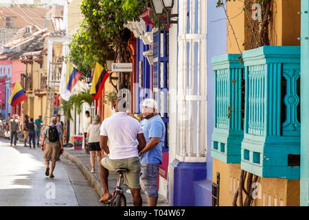 Cartagena Colombia,Center,centre,San Diego,Hispanic resident residents,man men male,colonial homes,colorful facade,balcony,COL190120110 Stock Photo
