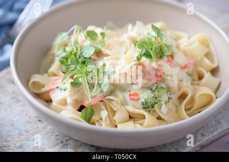 Spring Vegetable Fettuccine Alfredo Stock Photo