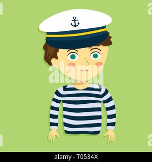 Boy with Sailor Shirt and Marine Captain Cap on Green Background Cartoon Vector Illustration Stock Vector