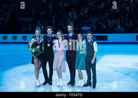 Alexandra Stepanova Ivan Bukin, Gabriella Papadakis Guillaume Cizeron, Charlene Guignard Marco Fabbri on the podium Stock Photo