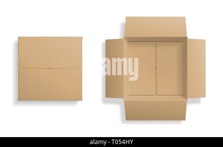 Realistic cardboard box set, opened and closed top view, with transparent shadow, isolated on white background. Vector illustration Stock Vector