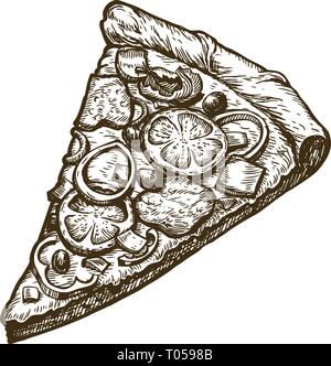 Hand drawn slice of pizza. Food, Italian menu. Sketch vector illustration Stock Vector