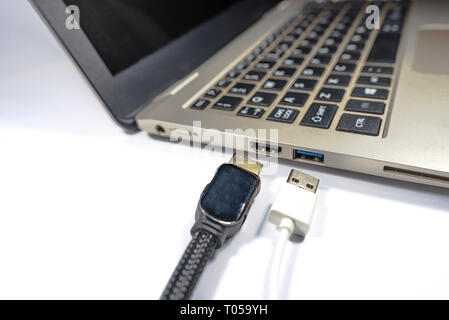 Left side view of Modern slim design laptop with usb and hdmi port and cables, blank screen, Aluminum material, isolated on white background Stock Photo