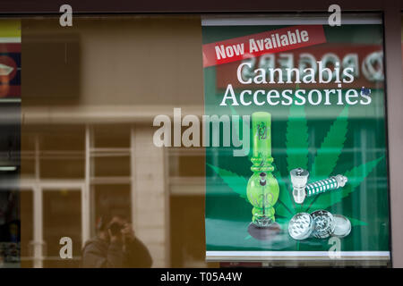 OTTAWA, CANADA - NOVEMBER 12, 2018: Poster advertising for Cannabis Accessories for sale in a shop. Since 2018, Recreational use of marijuana and weed Stock Photo