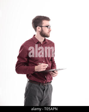 successful young designer with pen and clipboard.isolated on white. Stock Photo