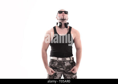 stylish rap artist with black glasses.isolated on white background. Stock Photo