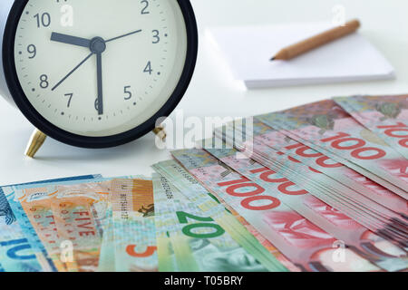 New Zealand money with an alarm clock, a page and a pencil Stock Photo